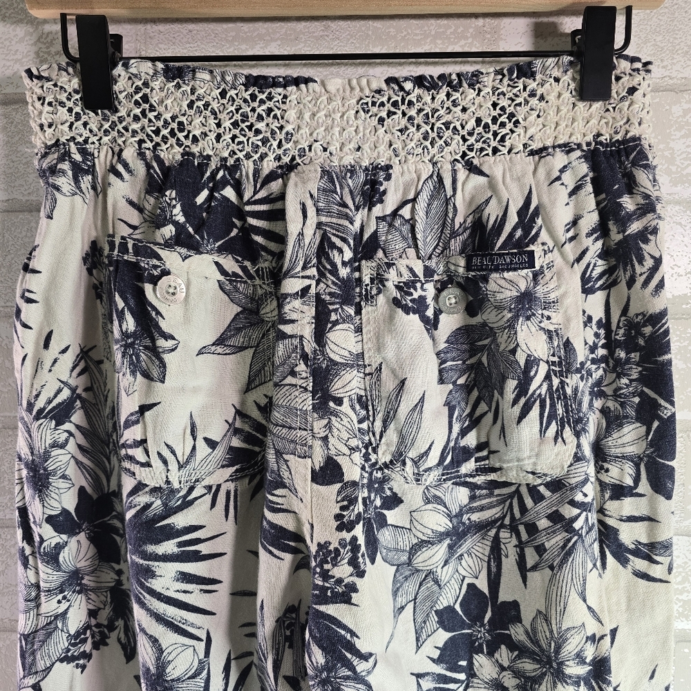 Linen Capri Short Pants White Blue Tropical Print Stretch Waist by Beau Dawson M - Picture 4 of 7